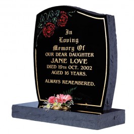 Part Pitched Black Granite with Lightly Blasted Coloured Rose Motif & Gilded Border