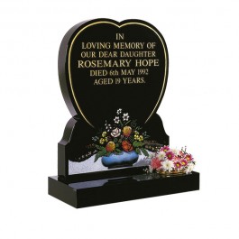 All Polished Black Granite Heart with Vase & Flower Design